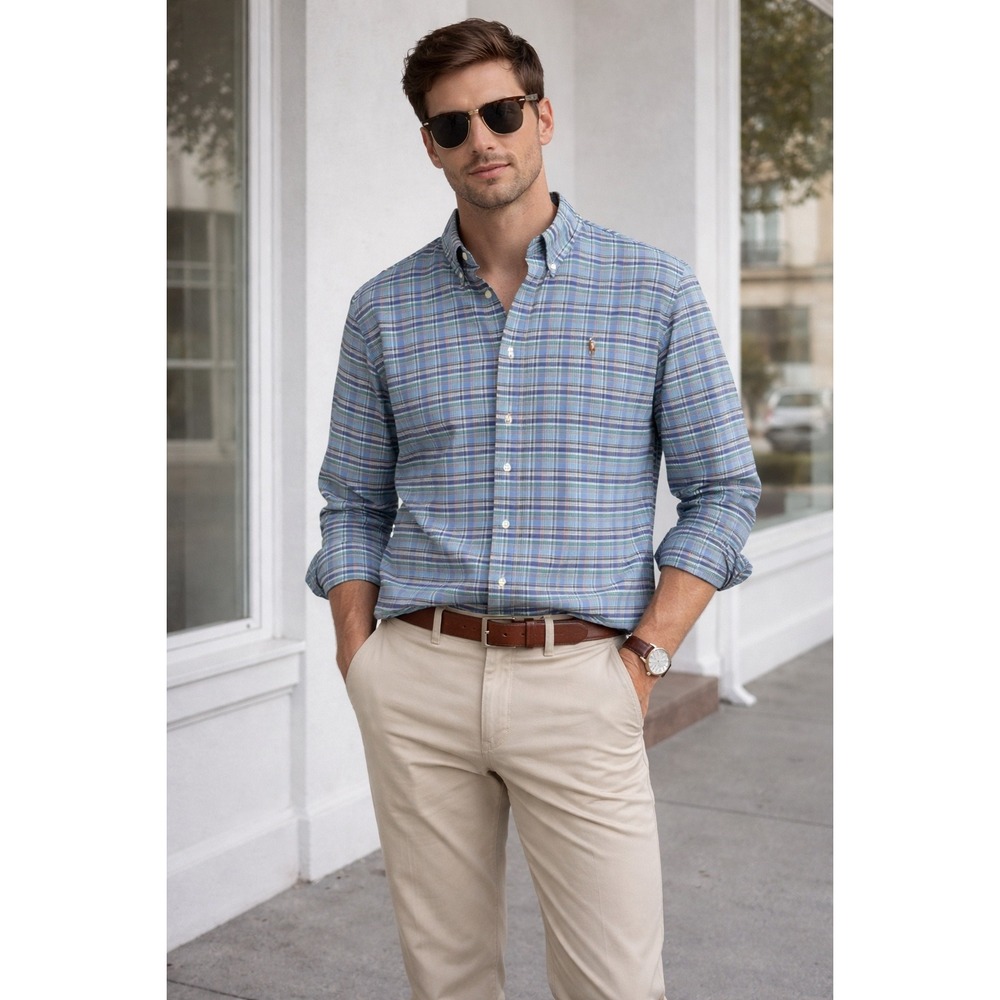 Ralph Lauren Mens Large Blue Green Classic Plaid Button Long Shirt Easter spring